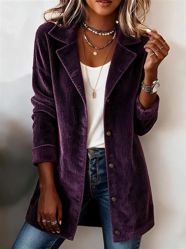 Women's Long Coat Blazer Corduroy Jacket Lightweight Buttons Elegant Modern Solid