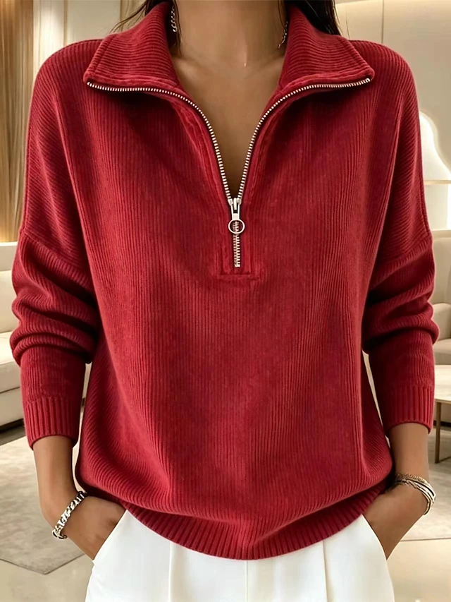 Women's Corduroy Zip Up Shirt - Quarter Zip Stand Collar Long Sleeve Casual Fall Pullover