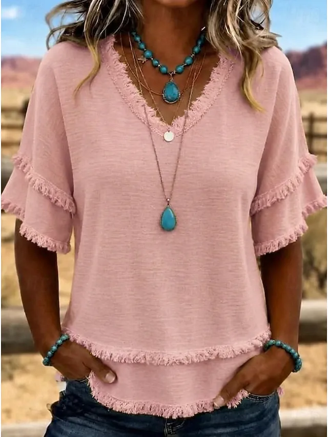 Women's V Neck Fringe Trim Short Sleeve Blouse Double Layer Frayed Raw Hem Crinkle Textured Loose Casual Tunic Top