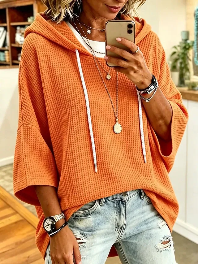 Women's Hoodies Patchwork Plain Fashion Casual 3/4 Length Sleeve Hooded Regular Tops Casual Street White Black Red Orange Spring Fall