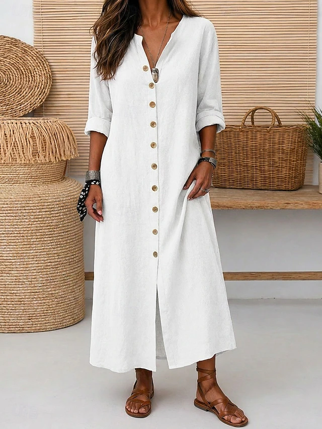 Women's Maxi Dress Linen-feel Dresses Vintage Daily Loose Fit Pure Color Long Sleeve V Neck