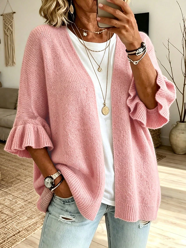 Women's Knit Cardigan Vintage Ribbed Open Front Ruffle Patchwork 3/4 Length Sleeve Regular Tops Knit Home Blue White Fall Winter