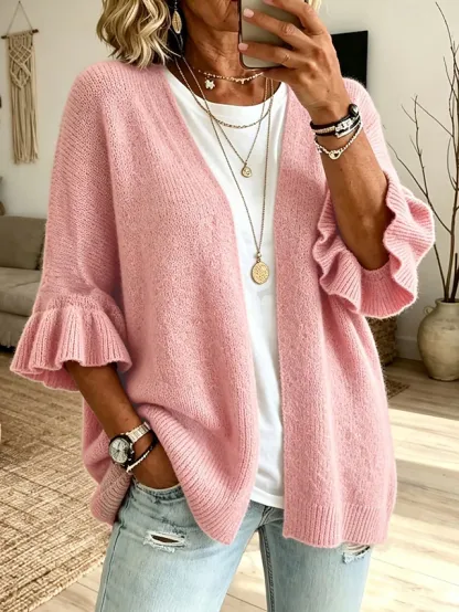 Women's Knit Cardigan Vintage Ribbed Open Front Ruffle Patchwork 3/4 Length Sleeve Regular Tops Knit Home Blue White Fall Winter