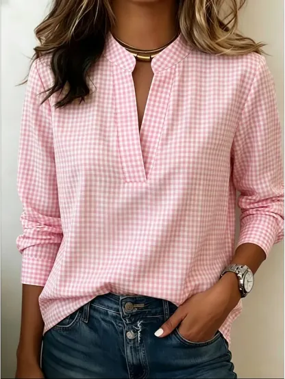 Women's Black White Mini Gingham Mandarin Collar Half Placket Long Sleeve Loose Casual Work Blouse