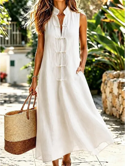 Women's Midi Dress Shift Dress Sundress White Dress A Line Dress Vacation Casual Boho Daily Holiday Summer Dress Plain Sleeveless Mandarin Collar Blue White Navy Pink Summer Fall