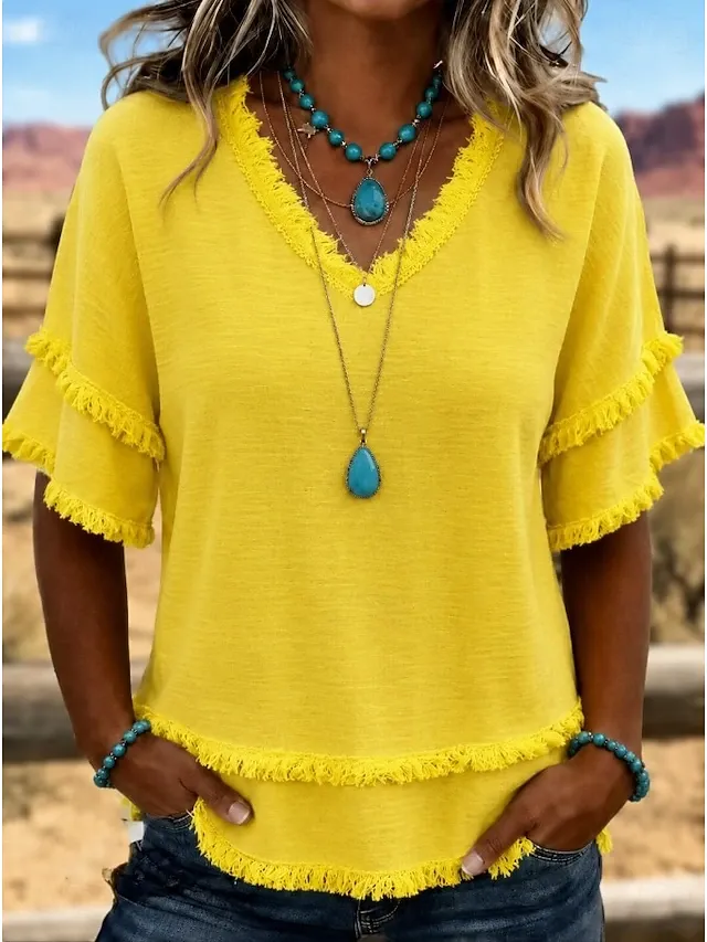 Women's V Neck Fringe Trim Short Sleeve Blouse Double Layer Frayed Raw Hem Crinkle Textured Loose Casual Tunic Top