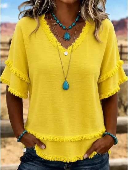 Women's V Neck Fringe Trim Short Sleeve Blouse Double Layer Frayed Raw Hem Crinkle Textured Loose Casual Tunic Top