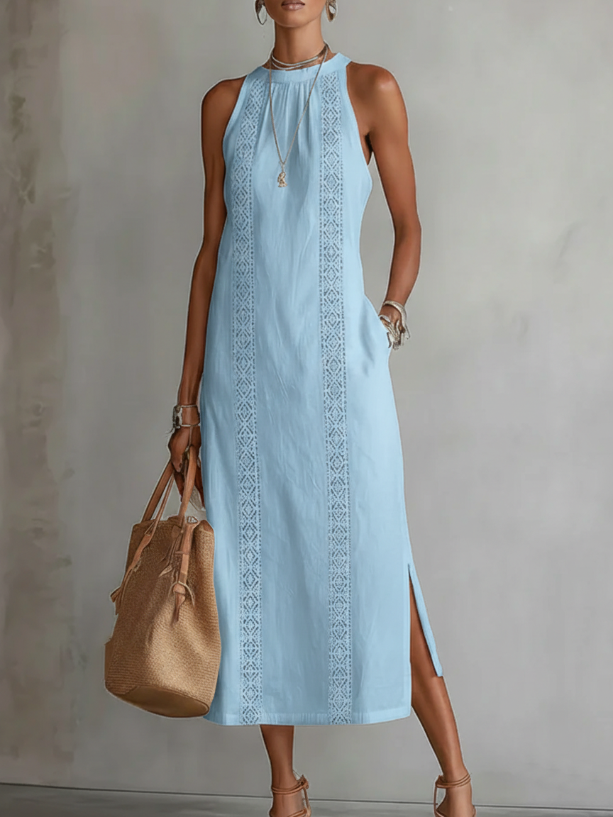 Linen midi dress with mandarin collar