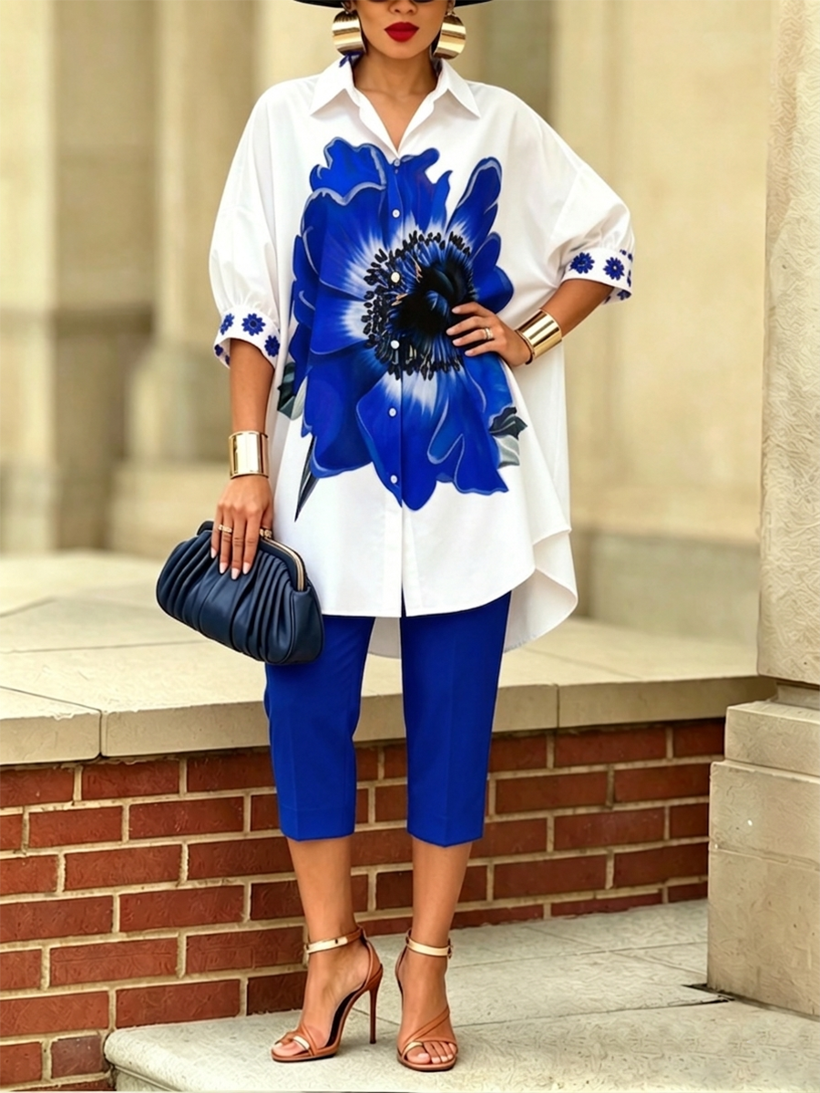 Artistic Stylish Scarlet Bloom Shirt And Pants Two-piece Set