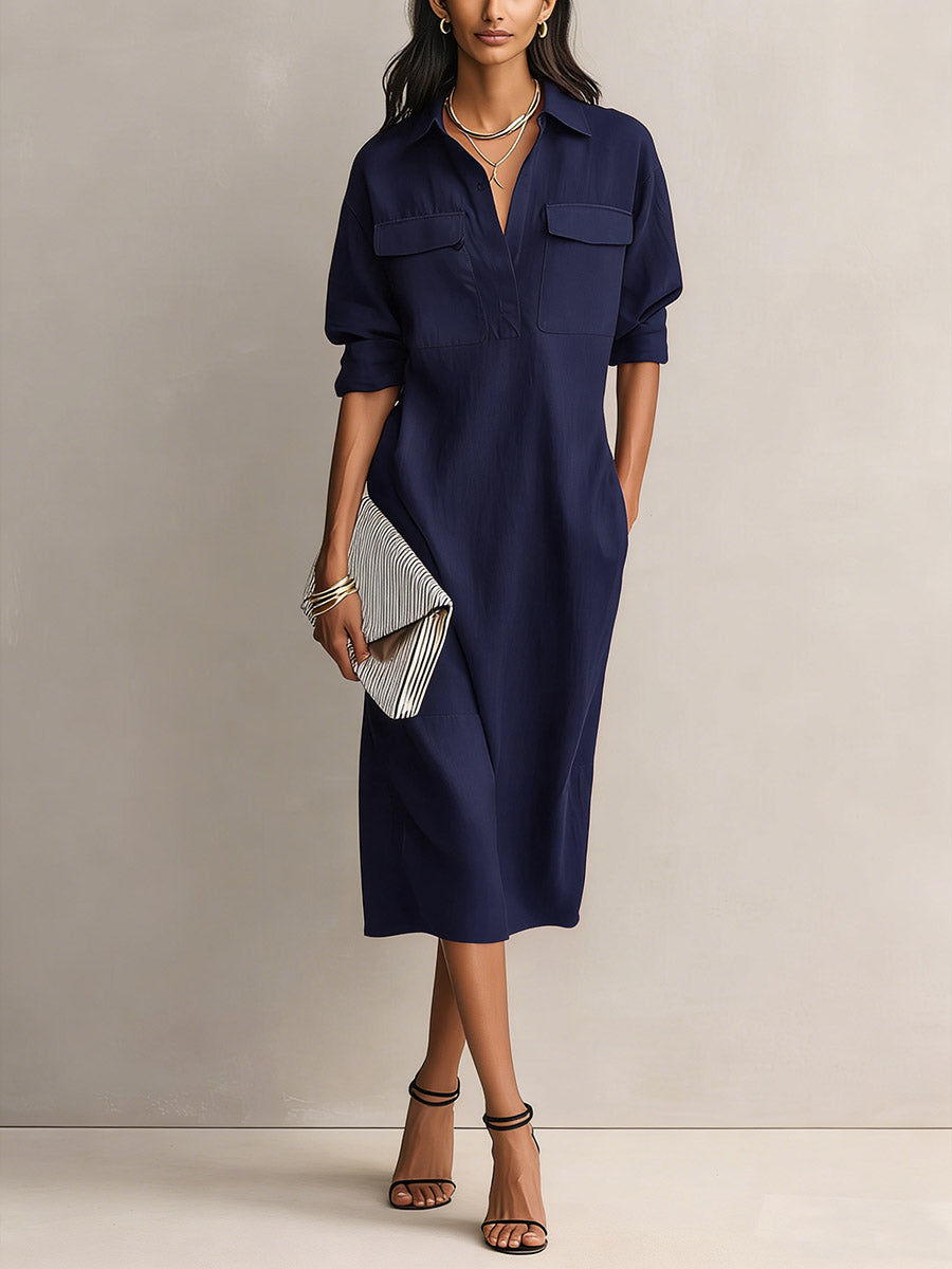 Women's Solid Color Lapel Collar Long Sleeve Casual Loose Cotton Linen Dress