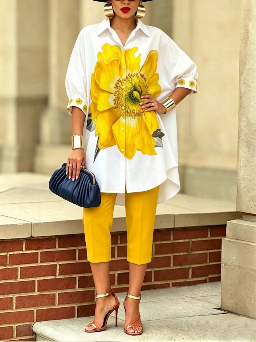 Artistic Stylish Scarlet Bloom Shirt And Pants Two-piece Set