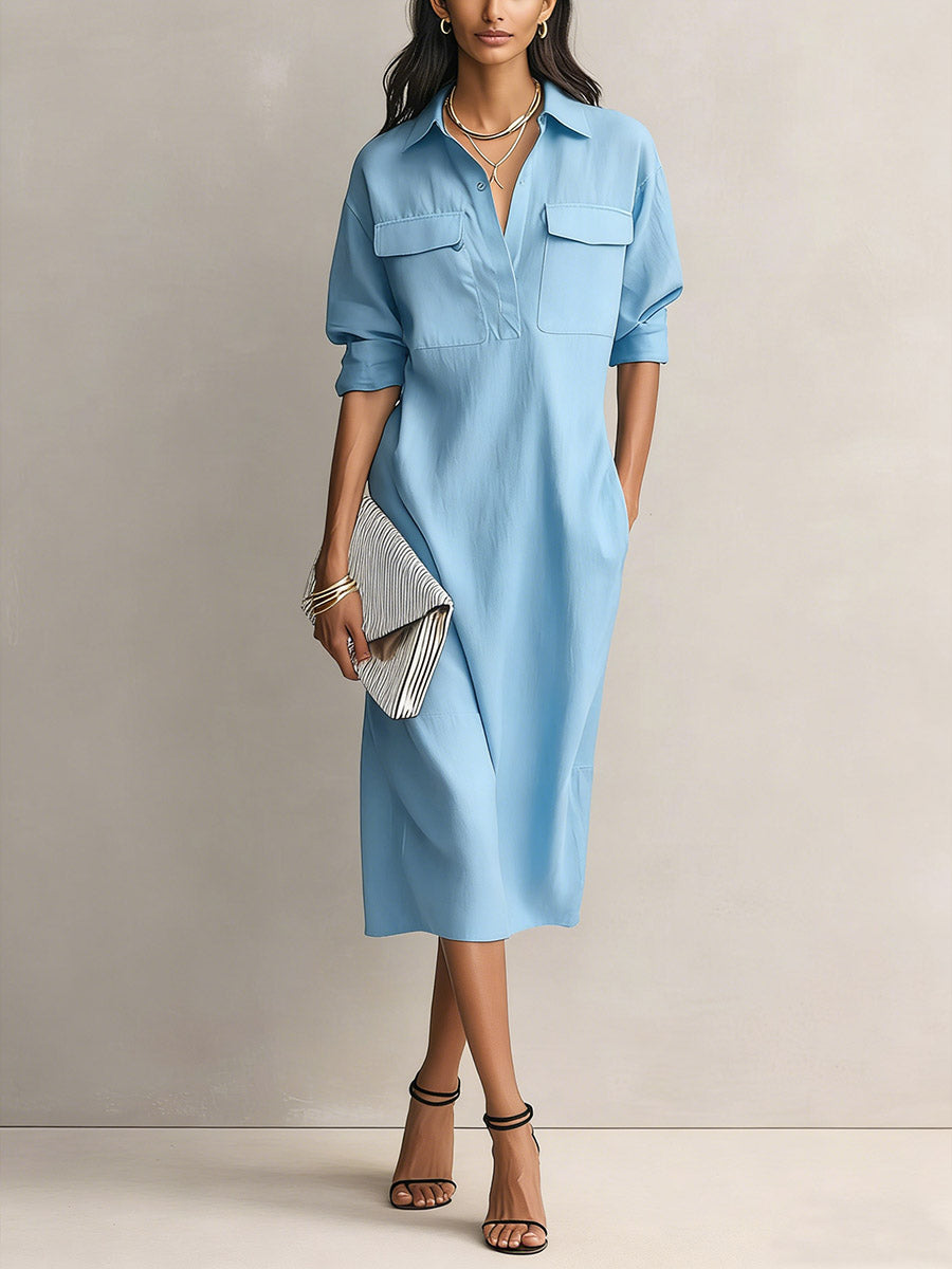 Women's Solid Color Lapel Collar Long Sleeve Casual Loose Cotton Linen Dress