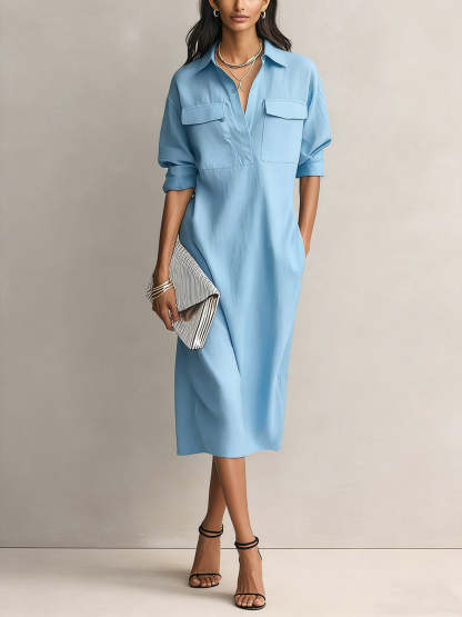 Women's Solid Color Lapel Collar Long Sleeve Casual Loose Cotton Linen Dress