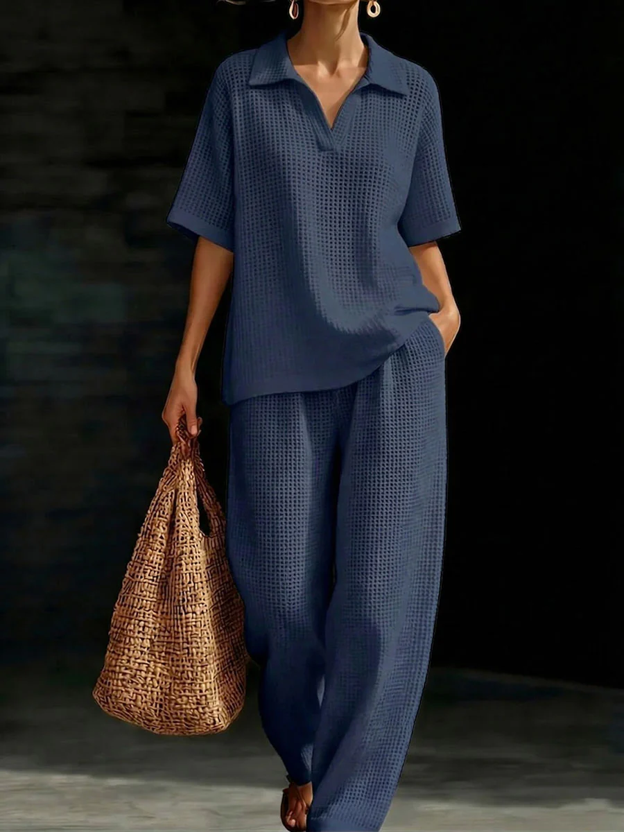 Women's Solid-Color V-Neck Short-Sleeve Casual Waffle-Knit Cotton Top and High-Waisted Wide-Leg Pants Set