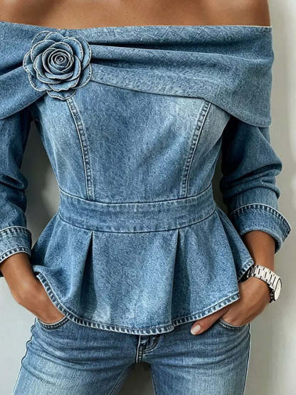 Chic Off-shoulder Denim Peplum Top