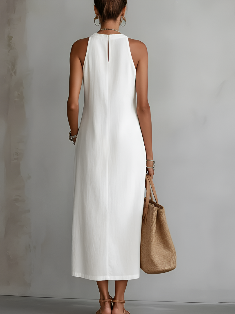 Linen midi dress with mandarin collar