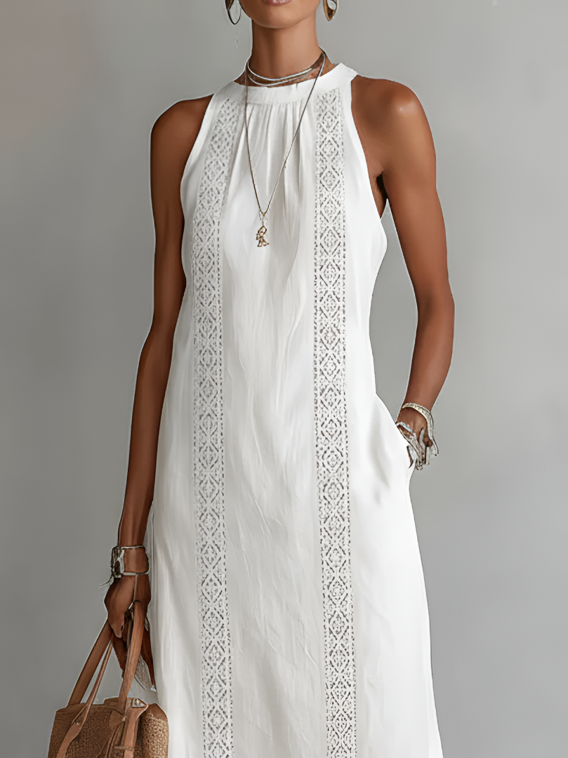 Linen midi dress with mandarin collar