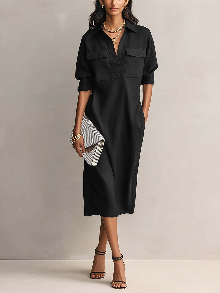 Women's Solid Color Lapel Collar Long Sleeve Casual Loose Cotton Linen Dress