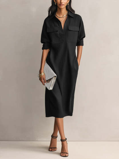 Women's Solid Color Lapel Collar Long Sleeve Casual Loose Cotton Linen Dress