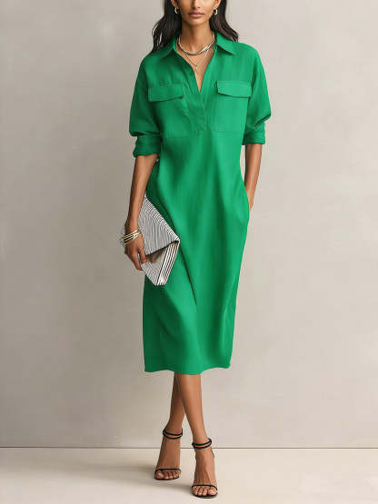 Women's Solid Color Lapel Collar Long Sleeve Casual Loose Cotton Linen Dress