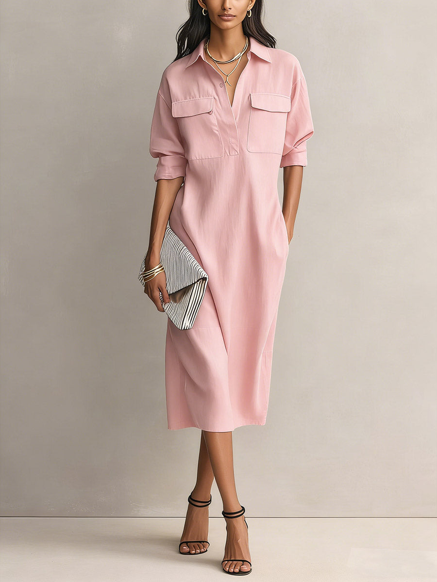 Women's Solid Color Lapel Collar Long Sleeve Casual Loose Cotton Linen Dress