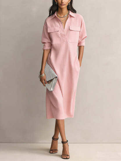 Women's Solid Color Lapel Collar Long Sleeve Casual Loose Cotton Linen Dress
