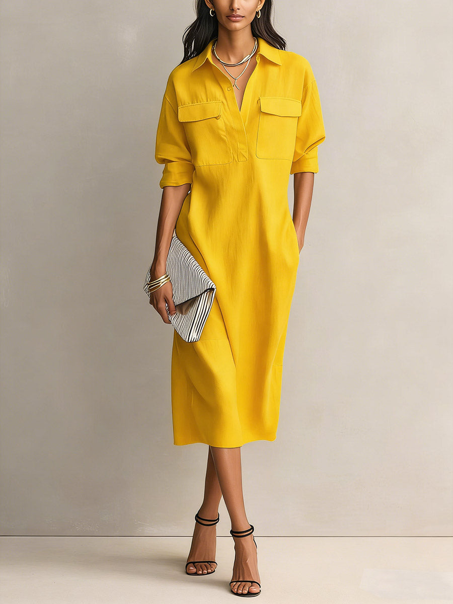 Women's Solid Color Lapel Collar Long Sleeve Casual Loose Cotton Linen Dress