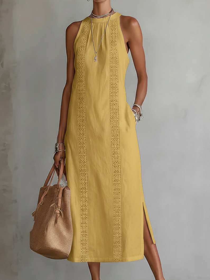 Linen midi dress with mandarin collar