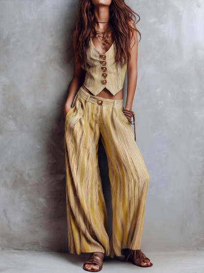 Women's Striped Print V-neck Sleeveless Casual Loose Cotton-linen Top And High-waisted Loose Wide-leg Pants Set