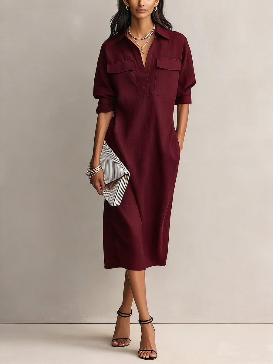 Women's Solid Color Lapel Collar Long Sleeve Casual Loose Cotton Linen Dress