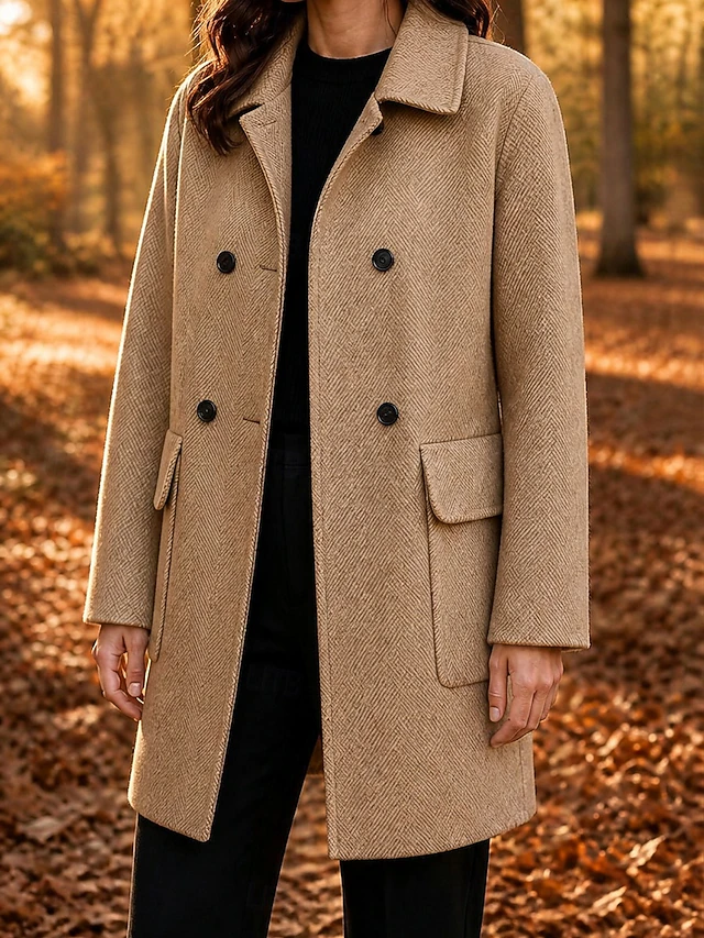 Women's Overcoat Peacoat Warm Pocket Buttons Elegant Classic Solid Color Casual Long Turndown Long Sleeve Outerwear Black Red Camel Fall Winter