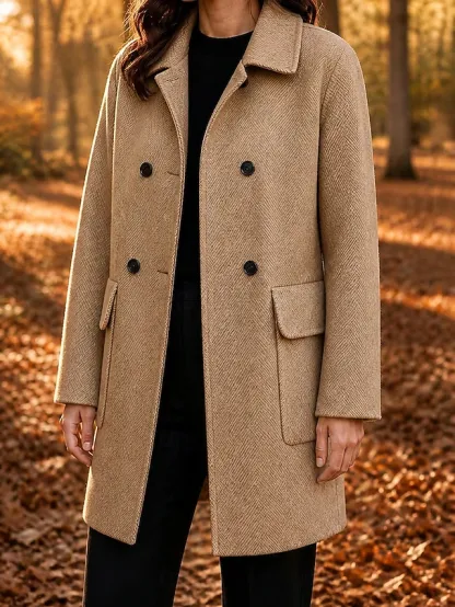 Women's Overcoat Peacoat Warm Pocket Buttons Elegant Classic Solid Color Casual Long Turndown Long Sleeve Outerwear Black Red Camel Fall Winter