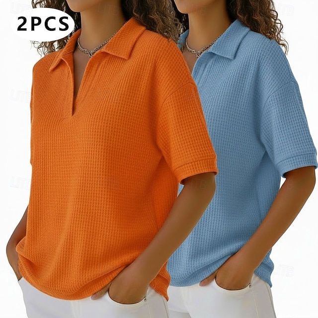Multi Packs 2pcs Women's Waffle T-shirt Polo Shirts Tee Waffle Knit Tops Plain Fashion Basic Classic Short Sleeve Shirt Collar Regular Tops Casual Daily Beach Yellow+Orange