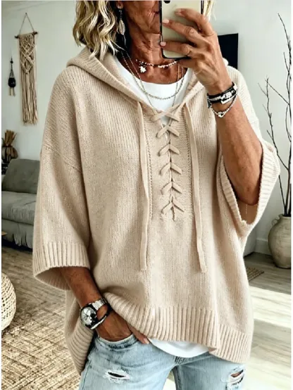Women's Knit Hoodie Pullover Sweater Casual 3/4 Length Sleeve Lace Up Sweatshirt with Hood for Fall
