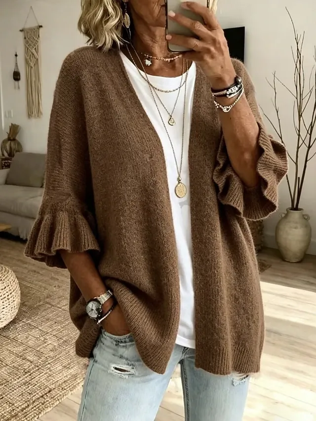 Women's Knit Cardigan Vintage Ribbed Open Front Ruffle Patchwork 3/4 Length Sleeve Regular Tops Knit Home Blue White Fall Winter