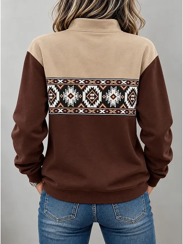 Women's Pullover Sweatshirt Zipper Floral Graphic Vintage Western Retro Long Sleeve High Neck Half Zip Regular Tops