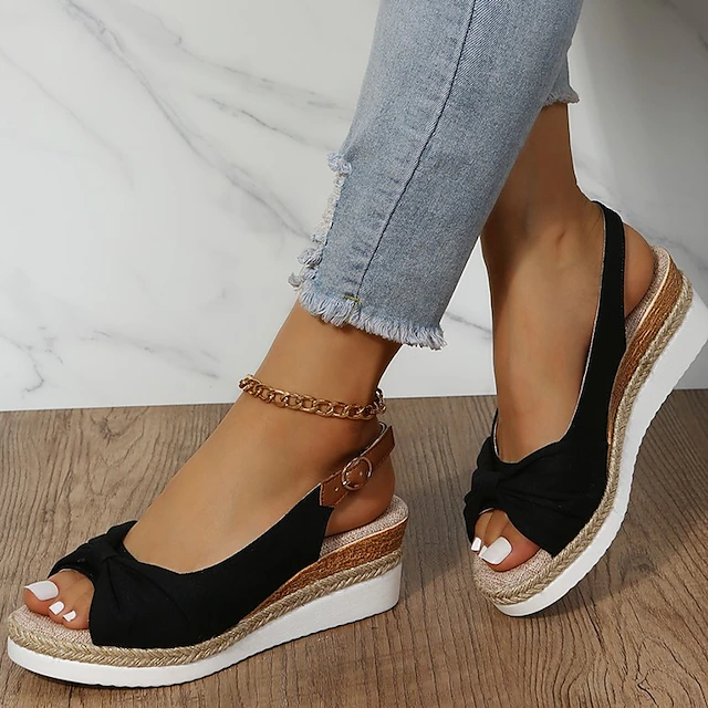 Women's Beige Slingback Espadrille Sandals with Bow Detail – Casual Summer Open-Toe Wedge Sandals
