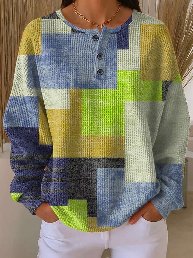 Women's Pullover Sweatshirt Buttons Graphic Geometric Fashion Casual Print Long Sleeve Crew Neck Regular Tops