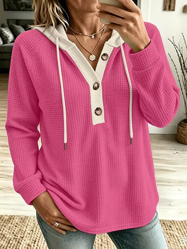 Women's Waffle Hoodies Textured Pullover Hoodie Sweatshirt Drawstring Plain Fashion Casual Print Long Sleeve Hooded Regular Tops