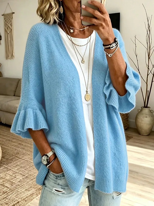 Women's Knit Cardigan Vintage Ribbed Open Front Ruffle Patchwork 3/4 Length Sleeve Regular Tops Knit Home Blue White Fall Winter