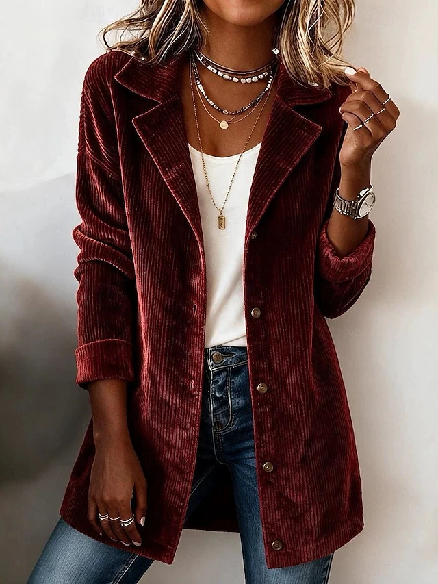 Women's Long Coat Blazer Corduroy Jacket Lightweight Buttons Elegant Modern Solid
