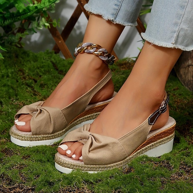 Women's Beige Slingback Espadrille Sandals with Bow Detail – Casual Summer Open-Toe Wedge Sandals