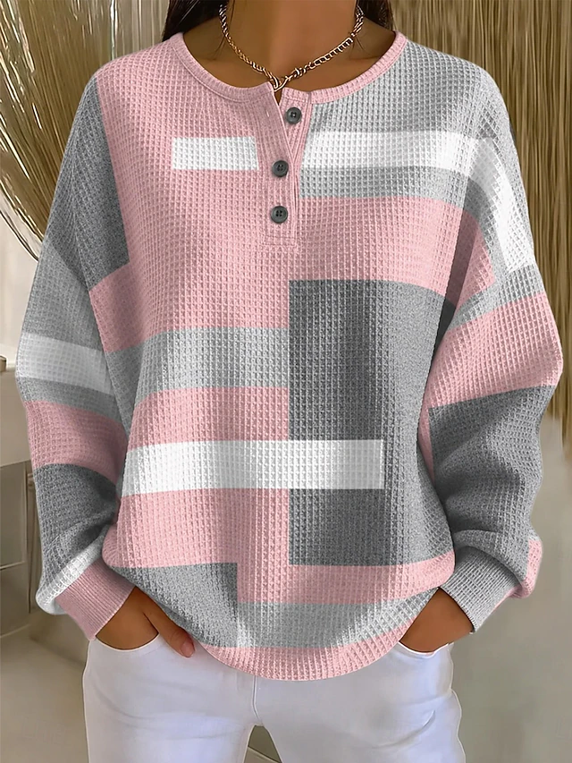 Women's Textured Pullover Sweatshirt Waffle Knit Tops Buttons Graphic Abstract Fashion Casual Print Long Sleeve Crew Neck Round Neck Long Tops