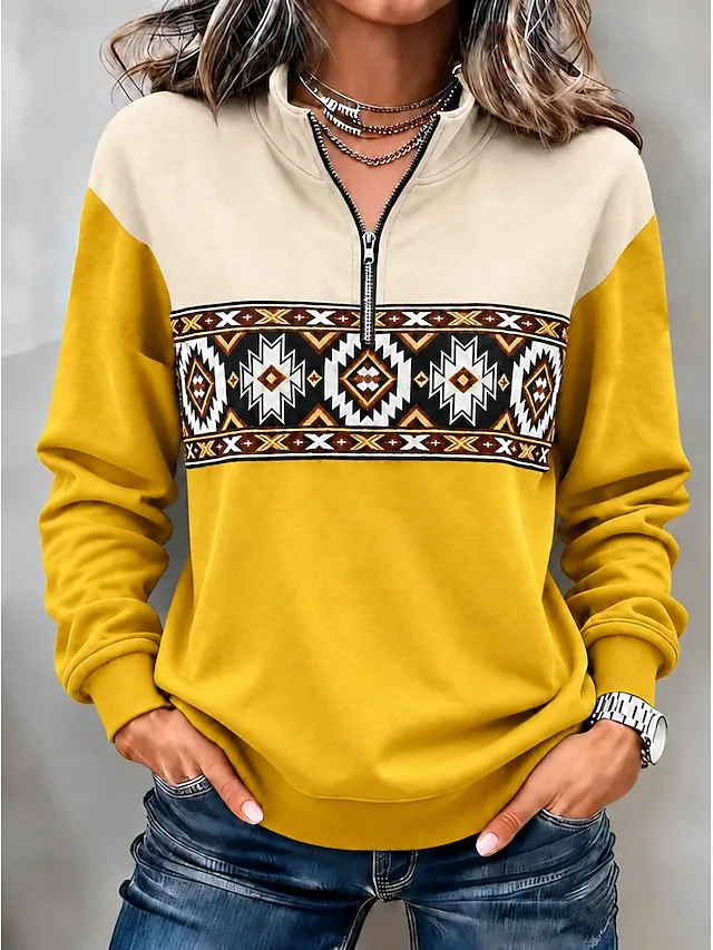 Women's Pullover Sweatshirt Zipper Floral Graphic Vintage Western Retro Long Sleeve High Neck Half Zip Regular Tops