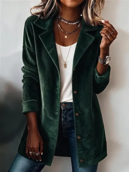 Women's Long Coat Blazer Corduroy Jacket Lightweight Buttons Elegant Modern Solid