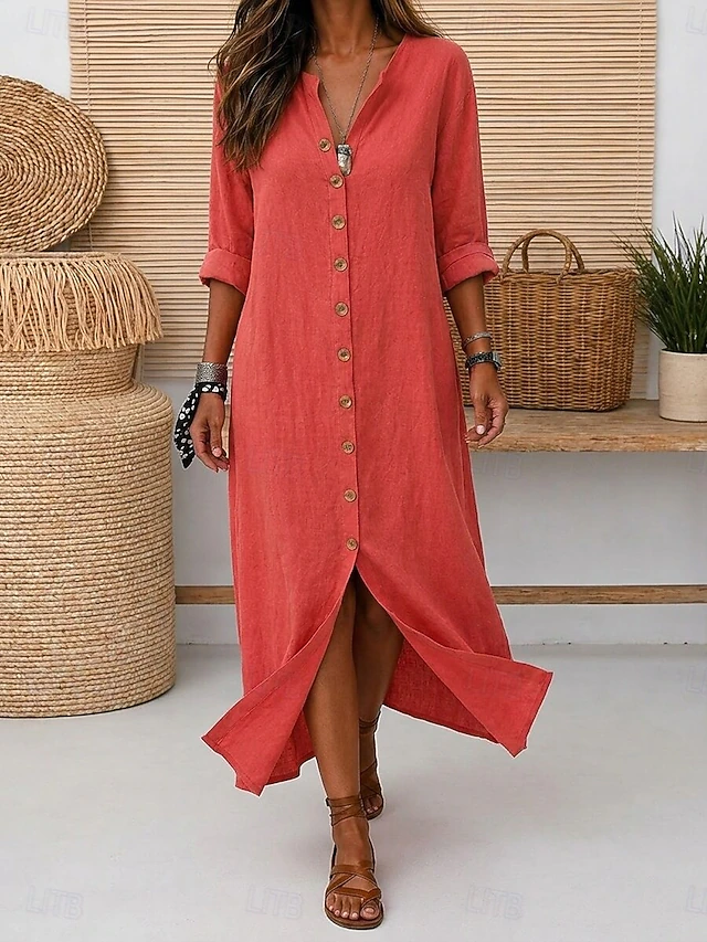 Women's Maxi Dress Linen-feel Dresses Vintage Daily Loose Fit Pure Color Long Sleeve V Neck