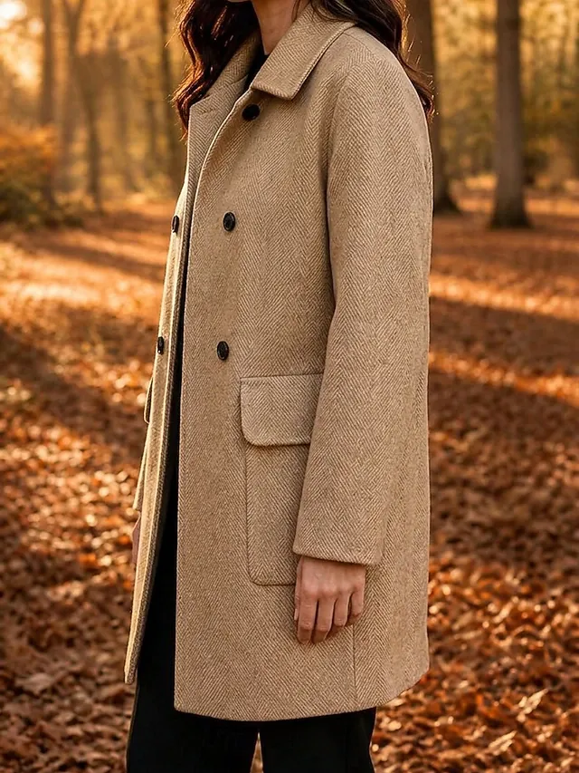 Women's Overcoat Peacoat Warm Pocket Buttons Elegant Classic Solid Color Casual Long Turndown Long Sleeve Outerwear Black Red Camel Fall Winter