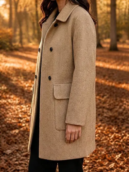 Women's Overcoat Peacoat Warm Pocket Buttons Elegant Classic Solid Color Casual Long Turndown Long Sleeve Outerwear Black Red Camel Fall Winter