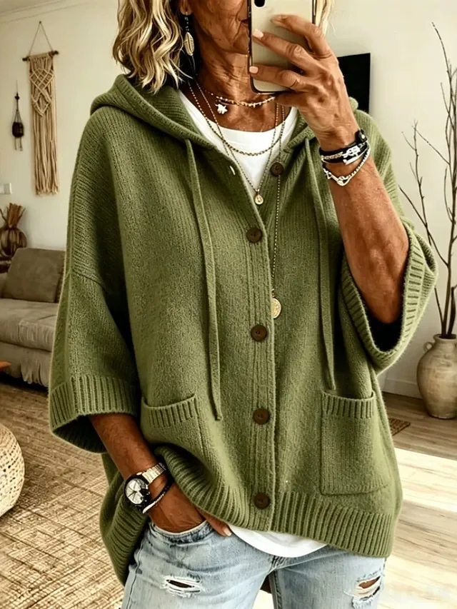 Women's Blue Button Up Cardigan Sweater Casual Long Sleeve Hooded Knit Pullover with Pockets