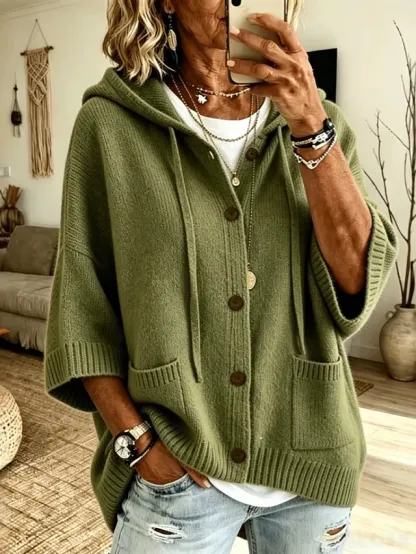 Women's Blue Button Up Cardigan Sweater Casual Long Sleeve Hooded Knit Pullover with Pockets